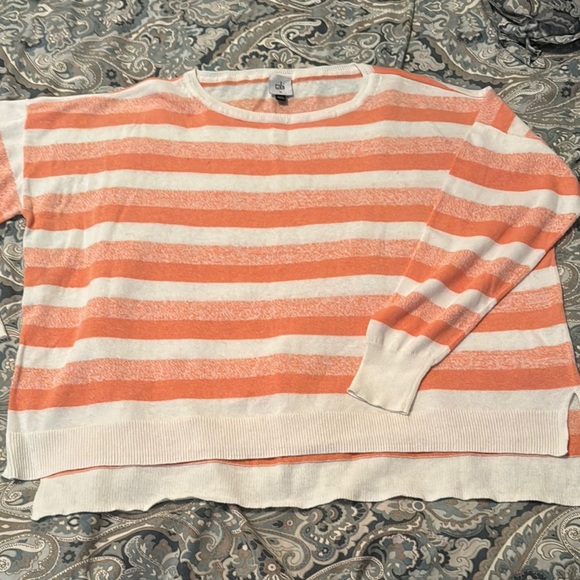 CAbi Orange and White Crew Neck Sweater with Stripes - Picture 1 of 8